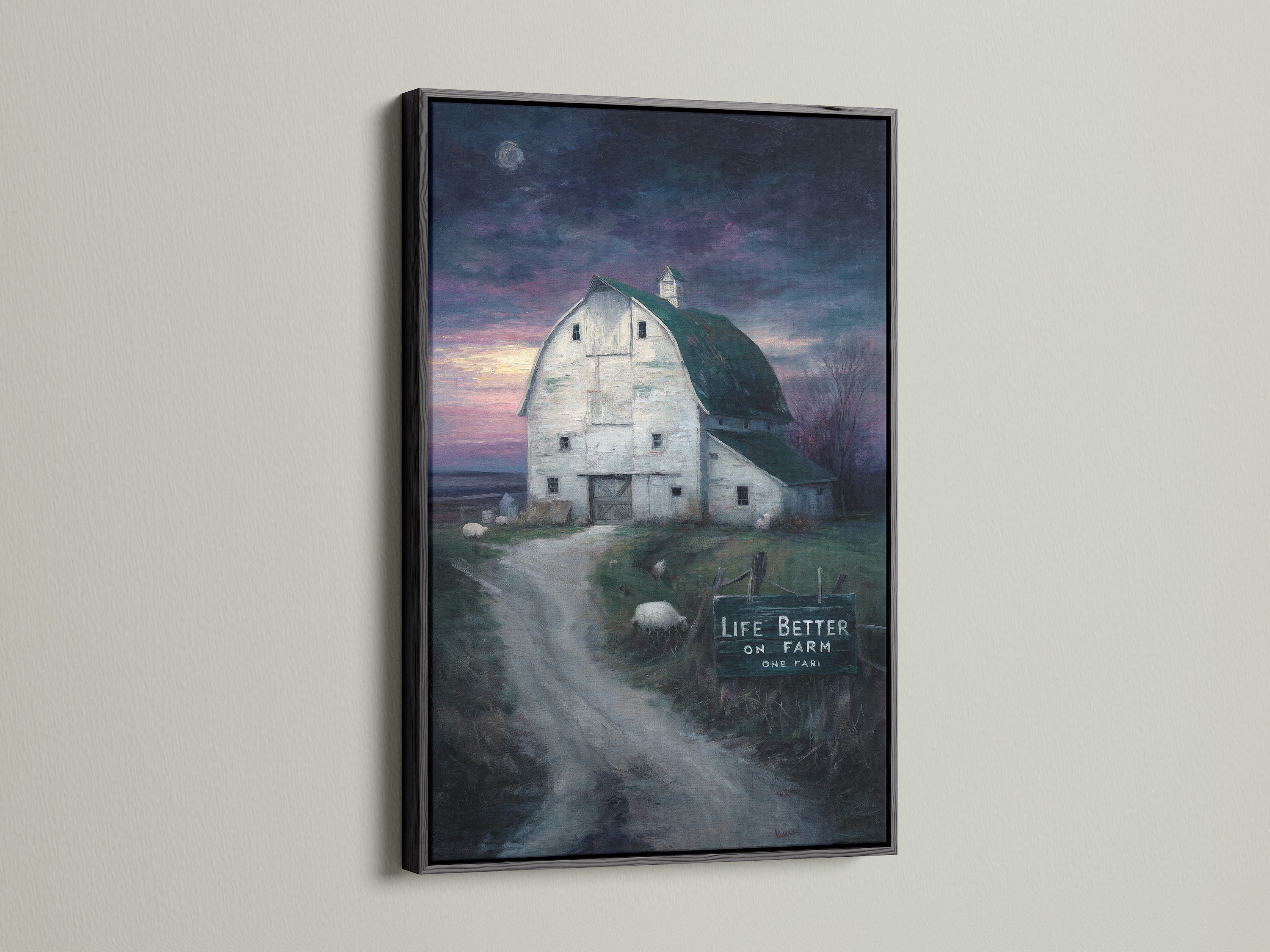 Farmhouse canvas print with a sleek black frame. This country wall art offers modern rustic decor. The farm print brings landscape art to life. This kitchen art is sophisticated with rural artwork. A striking addition to your country home. It is an ideal gift for the farmer.