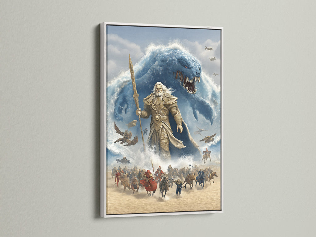 Epic Fantasy Artwork for game room decor. This Norse Mythology Wall Artwork features a Poseidon Sea God Canvas Print. The artwork is showcased in a clean white frame. It brings a mythological touch to your living room.