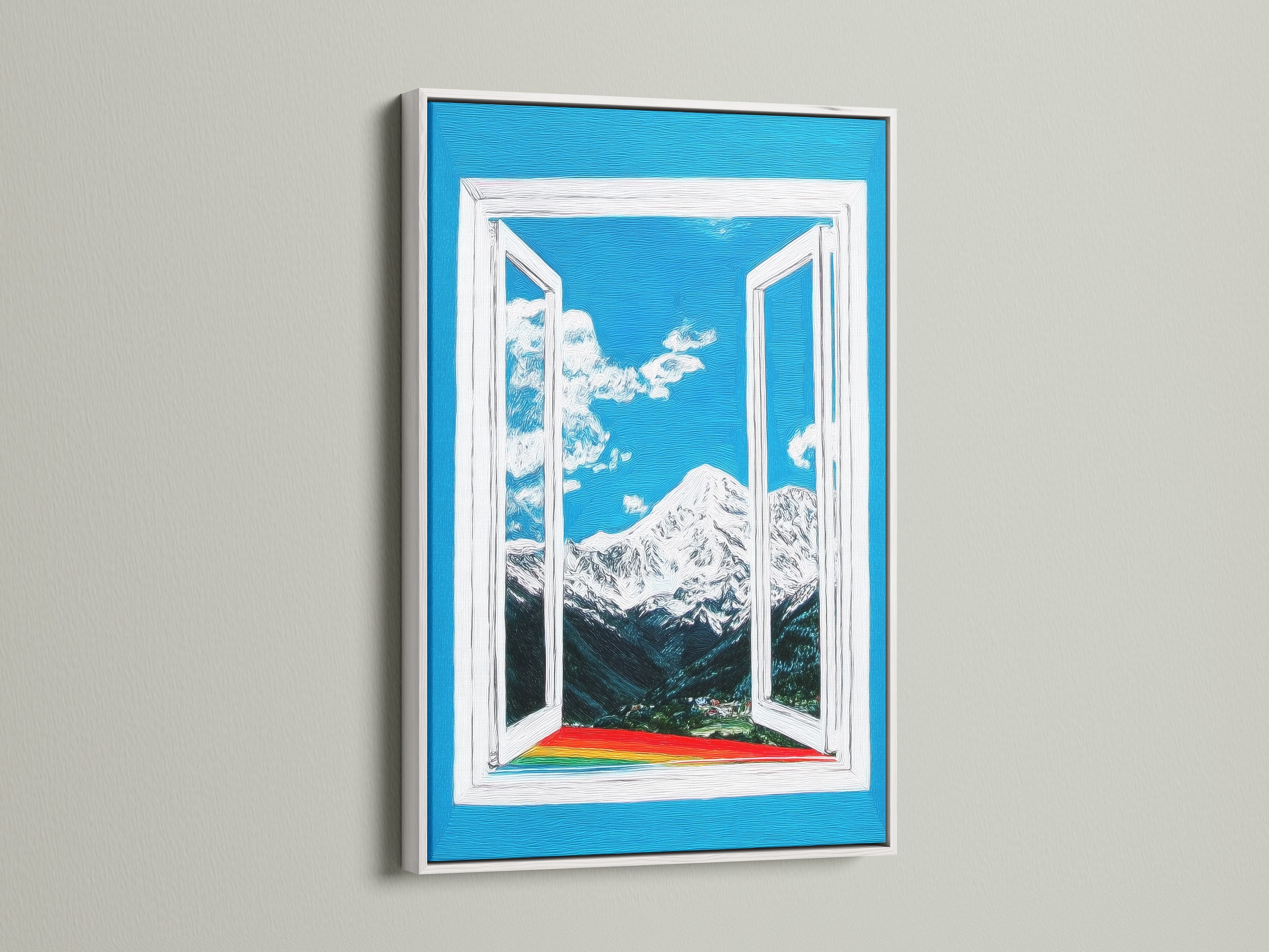 This mountain view artwork is showcased in a clean white frame. The bright blue sky and alpine mountain create a serene atmosphere. The open window wall art is perfect for modern spaces. It brings a touch of nature and color to any room. This artwork enhances home wall decor.