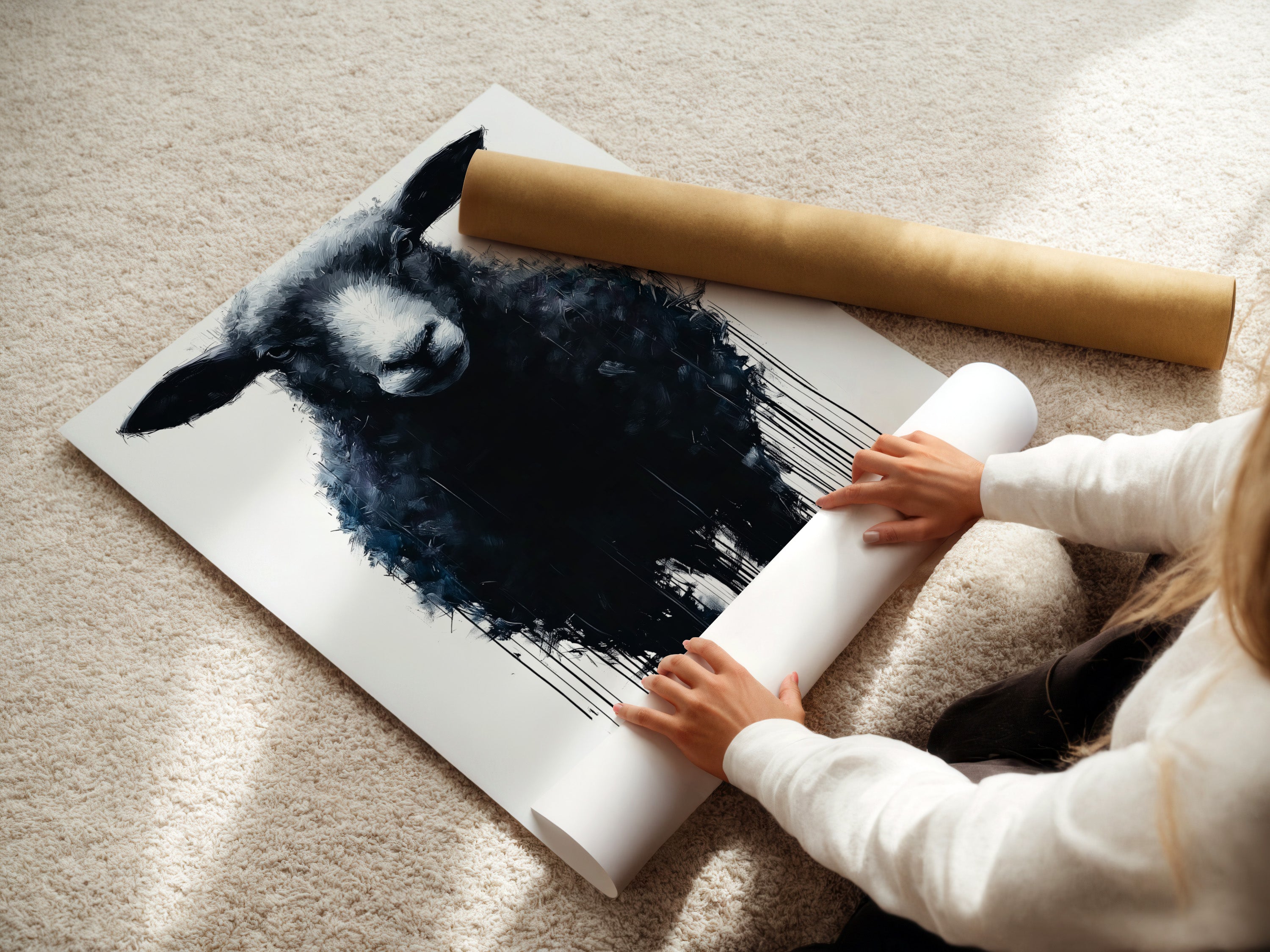 Black Sheep Art Print - Modern Farmhouse Wall Art, Minimalist Animal Painting, Contemporary Home Decor, Dripping Paint Style