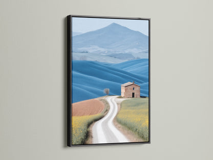 Tuscan Landscape canvas print in a black frame. The black frame adds a touch of sophistication to this farmhouse scenery photograph. The contrast enhances the rolling hills art. Perfect for creating a focal point in any room. This landscape canvas is a great addition to your wall art collection.