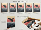 Here are the available options for the whale artwork. You can choose a stretched canvas print. A fine art poster paper or a floating frame are also available. Customize your mountain landscape wall art today.