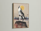 Rustic wildlife wall art featuring a howling wolf under the moon. The artwork is framed in an oak frame. Enhance your cabin decor with this nature animal print. A great addition to any lodge farmhouse or eclectic styled room.