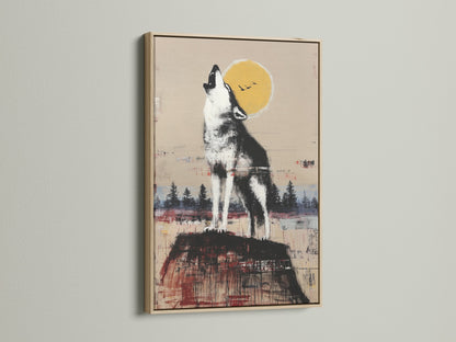 Rustic wildlife wall art featuring a howling wolf under the moon. The artwork is framed in an oak frame. Enhance your cabin decor with this nature animal print. A great addition to any lodge farmhouse or eclectic styled room.