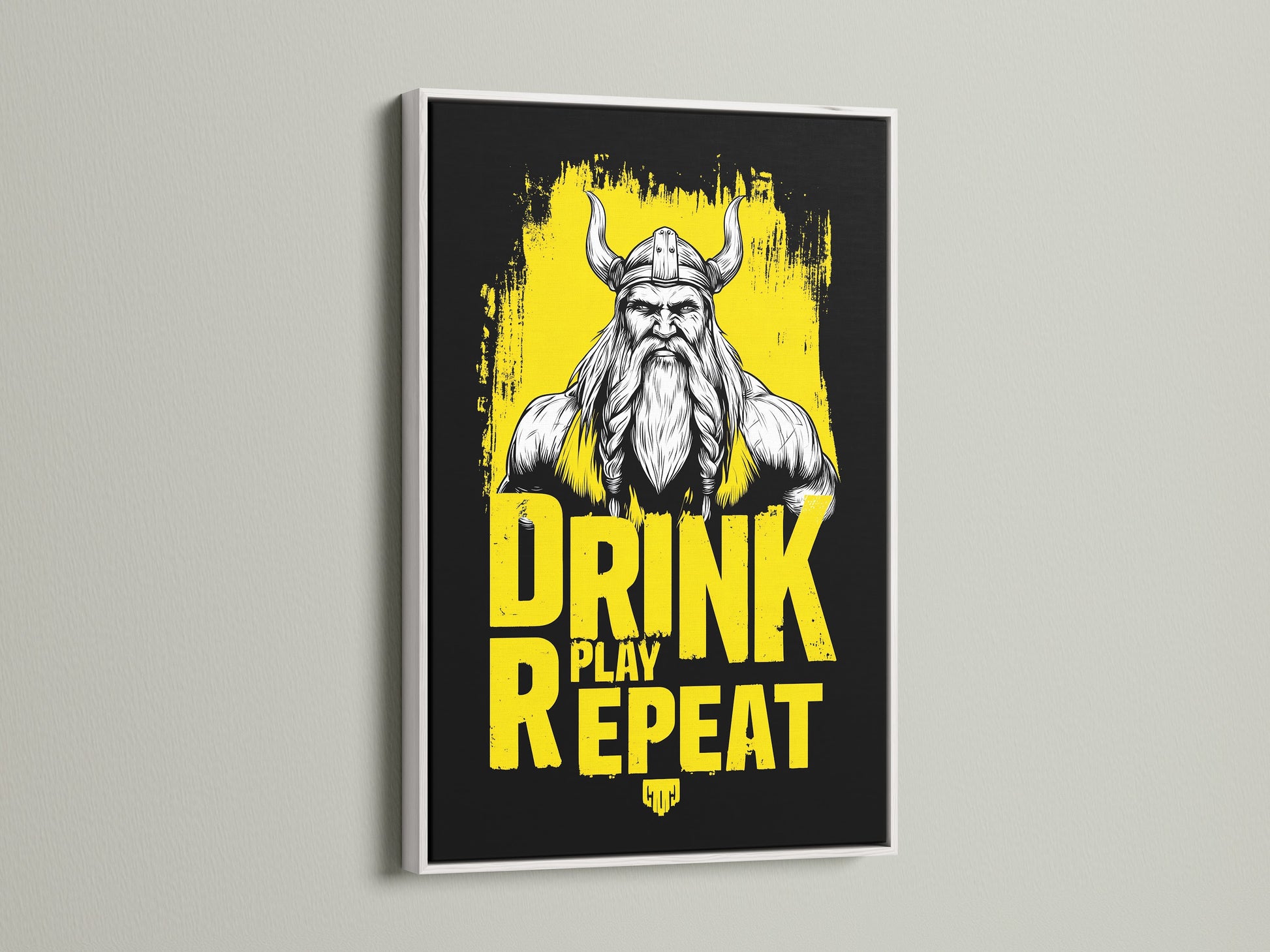 A Viking Warrior Canvas Print is presented with a white frame. This Nordic art piece is a great addition to any man cave. The white frame offers a clean modern look. It contrasts with the bold warrior print. The artwork stands out as a striking decor element.