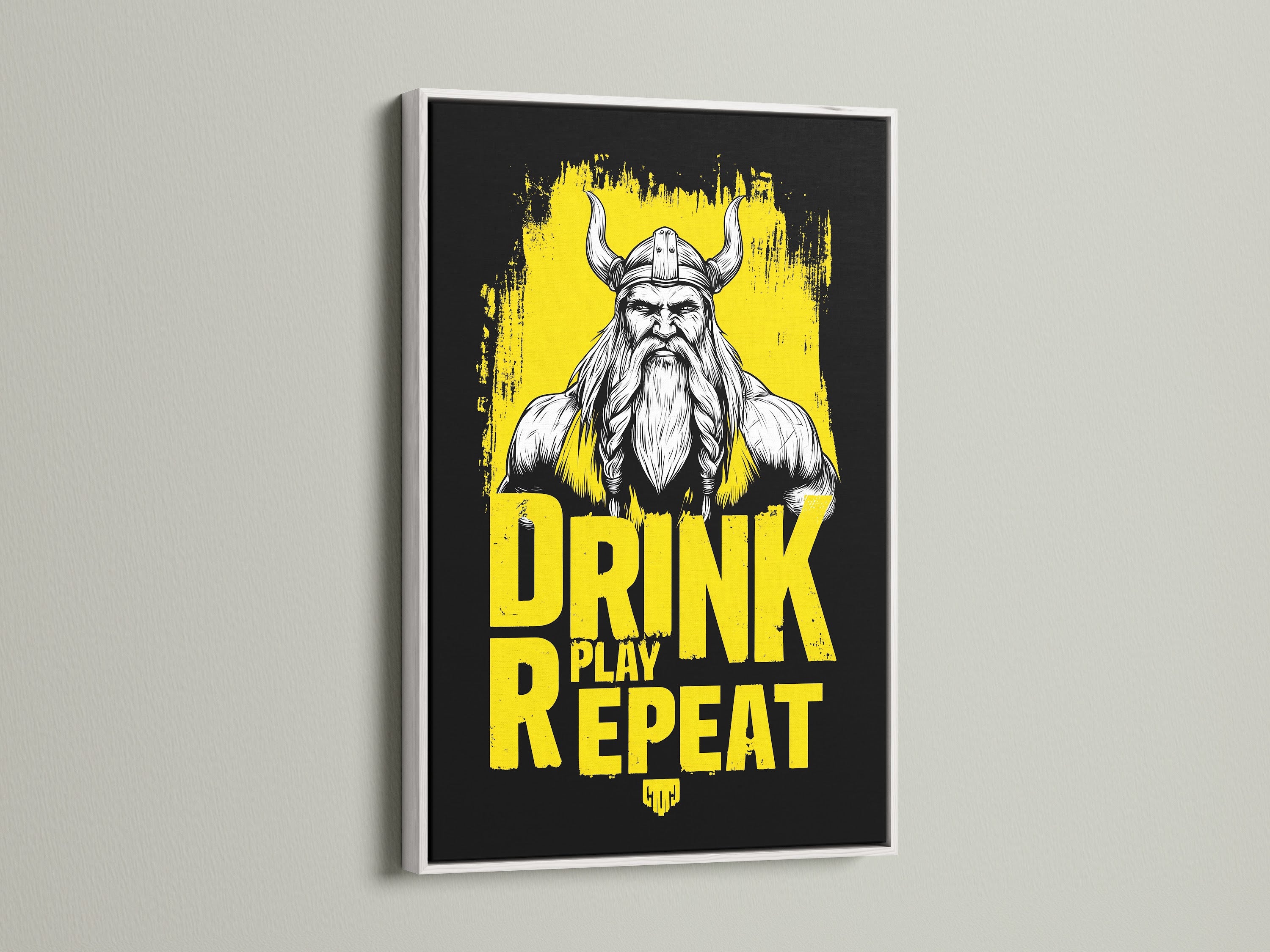 A Viking Warrior Canvas Print is presented with a white frame. This Nordic art piece is a great addition to any man cave. The white frame offers a clean modern look. It contrasts with the bold warrior print. The artwork stands out as a striking decor element.