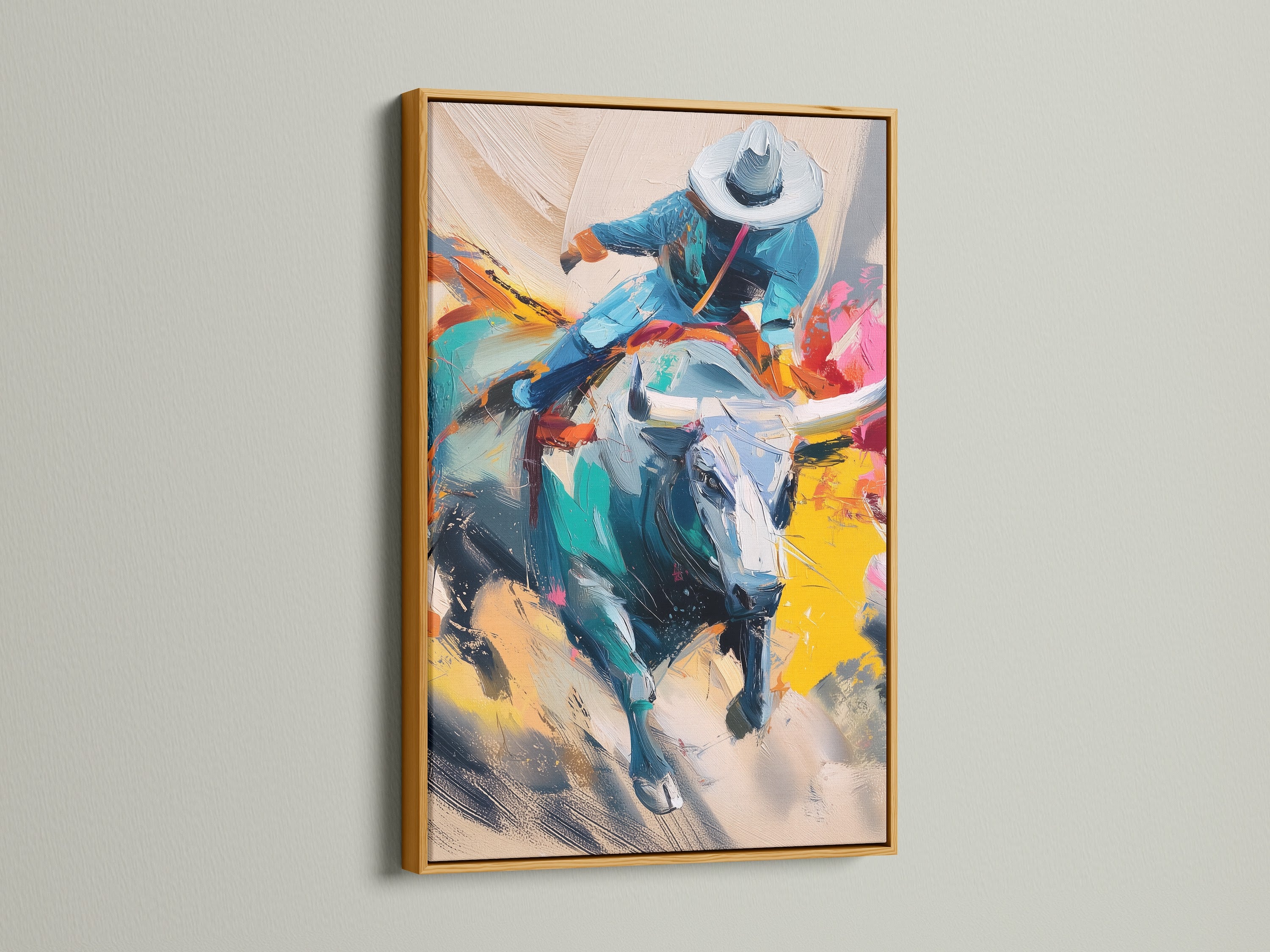 Make a statement with cowboy rodeo canvas art in a gold frame. This rodeo wall decor adds a touch of luxury. Ideal for western home decor or a unique piece of cowboy artwork. A timeless piece of art.