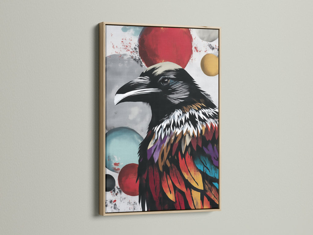The featured colorful raven art is framed in oak. This bird wall art brings modern gothic decor to your space. Its colorful print makes a statement. This would be a great gift for bird lovers.
