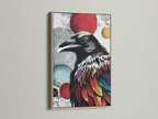 The featured colorful raven art is framed in oak. This bird wall art brings modern gothic decor to your space. Its colorful print makes a statement. This would be a great gift for bird lovers.
