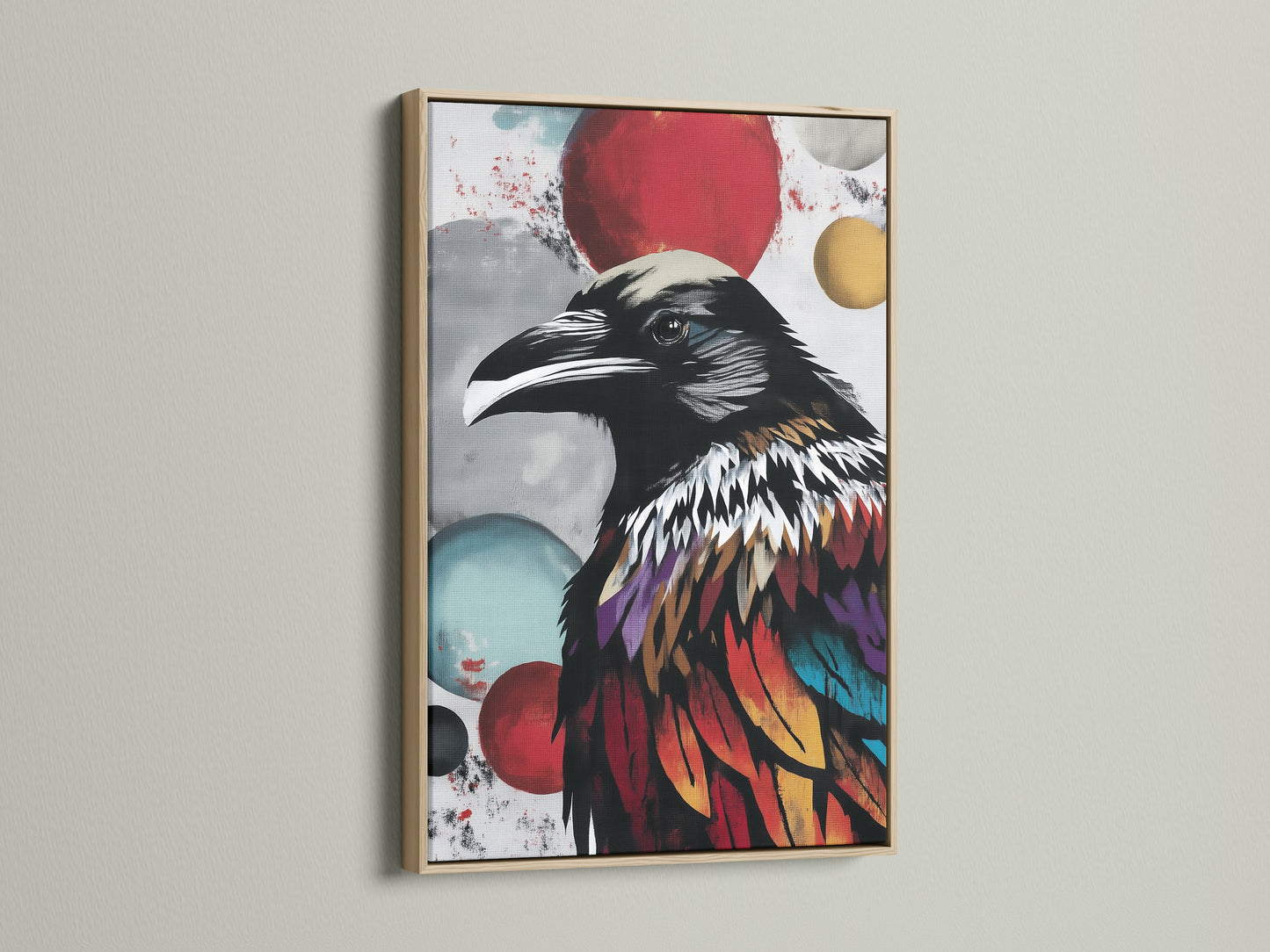 The featured colorful raven art is framed in oak. This bird wall art brings modern gothic decor to your space. Its colorful print makes a statement. This would be a great gift for bird lovers.