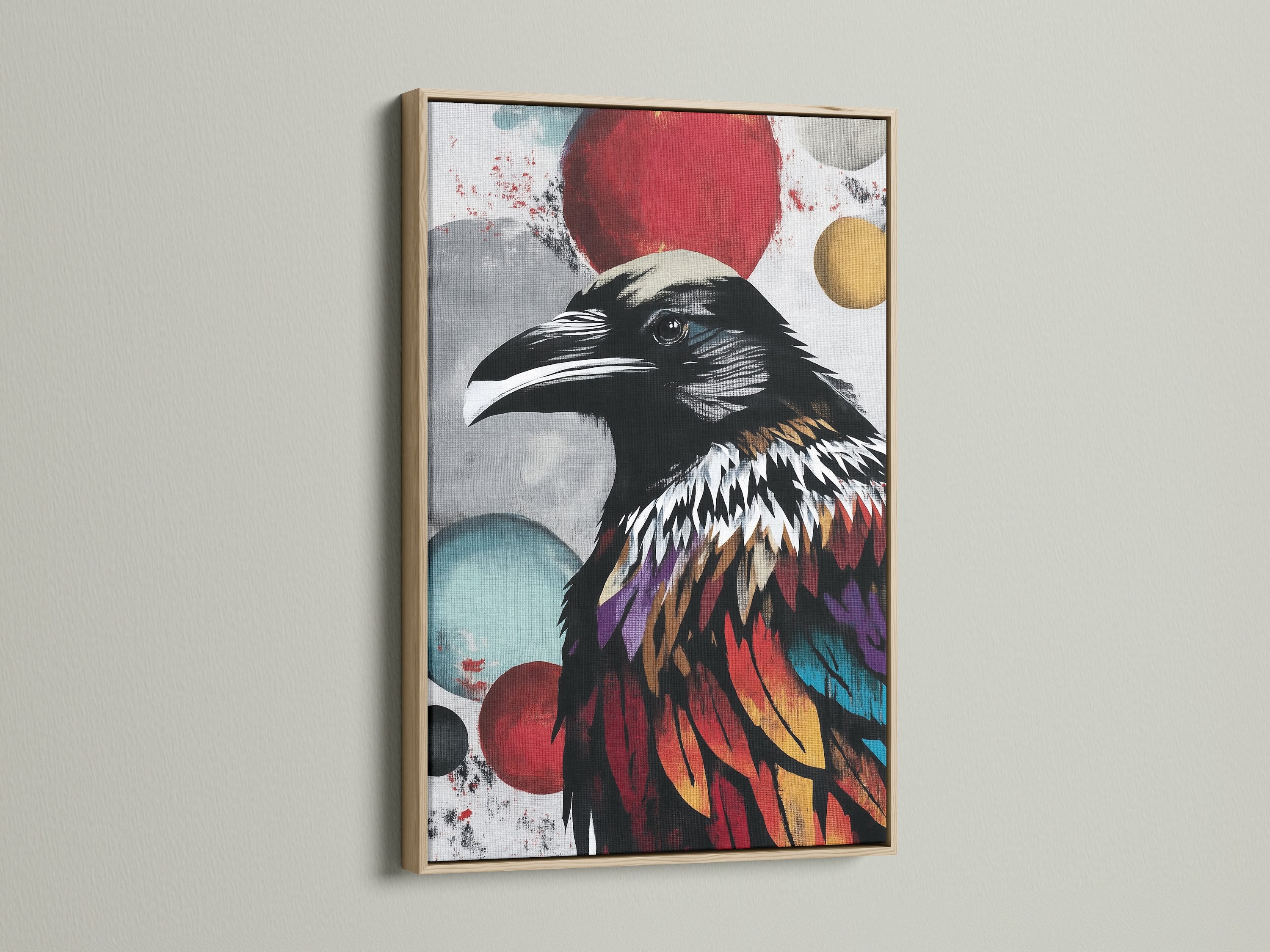 The featured colorful raven art is framed in oak. This bird wall art brings modern gothic decor to your space. Its colorful print makes a statement. This would be a great gift for bird lovers.