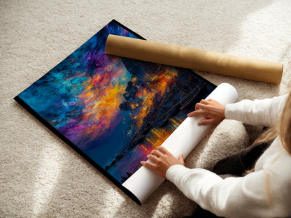 A woman carefully rolling a fine art poster paper print of the Varanasi River Ghats artwork. This spiritual India art is ready to be displayed. Perfect for adding a touch of bohemian style to your meditation room decor. Explore our Ganges River prints.