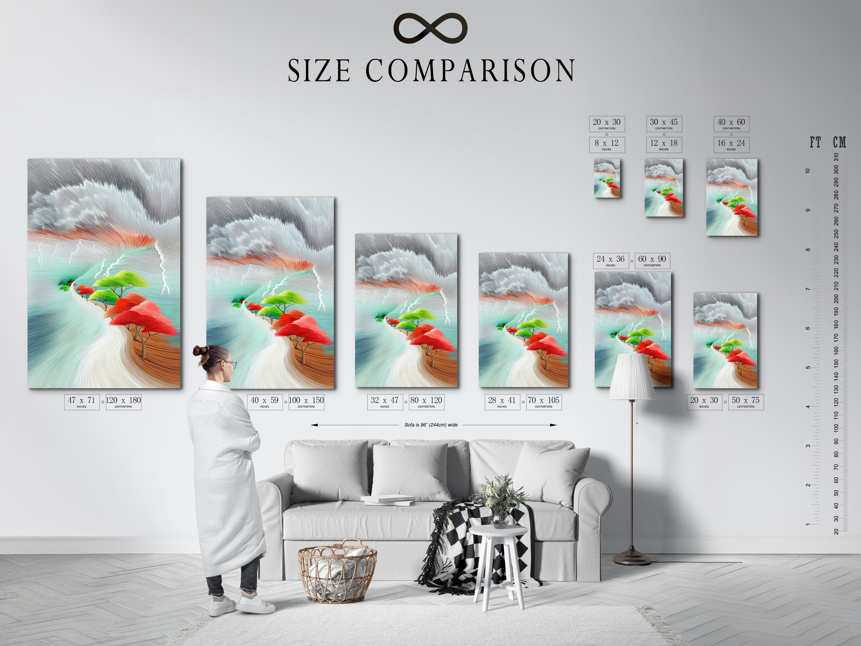 A size comparison chart is displayed in an interior setting. The chart showcases various sizes of abstract landscape artwork prints. Visualize the perfect fit for your space. Find the ideal modern art piece for your home or office wall.
