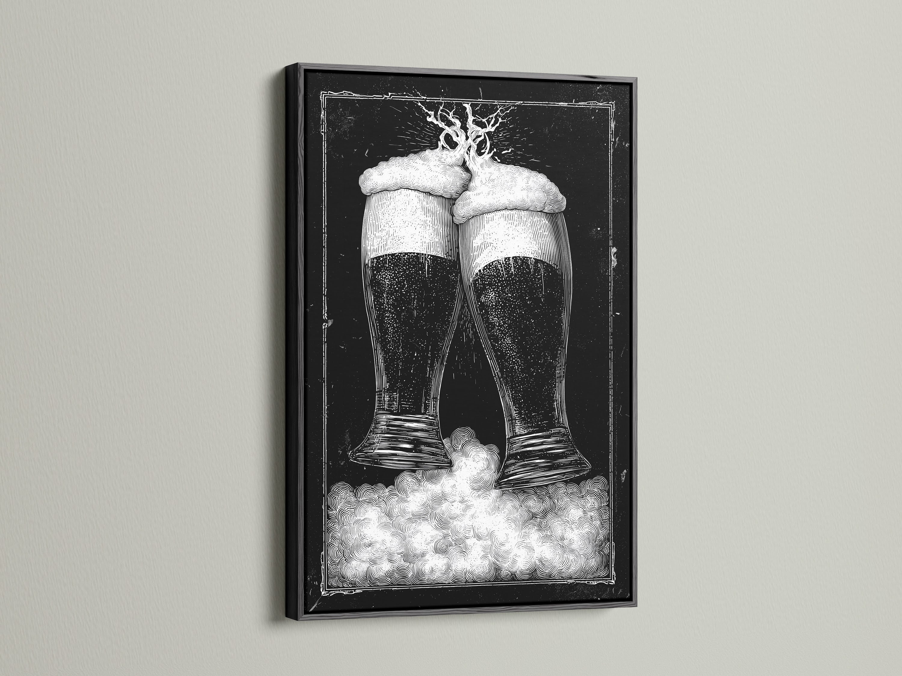 Black frame artwork. The art features two beer glasses in black and white tones. This piece is mounted on a clean white wall. The frame is a sleek black color. Discover framed artwork options to enhance your space. Explore our selection today for the perfect piece.