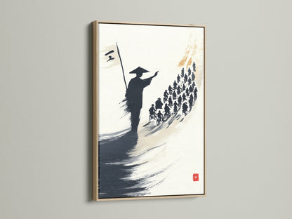 Samurai art is showcased in an oak frame. This Japanese print features a warrior canvas. The artwork uses the ink wash painting technique. Ideal for modern wall art. It enhances minimalist and Scandinavian interiors.
