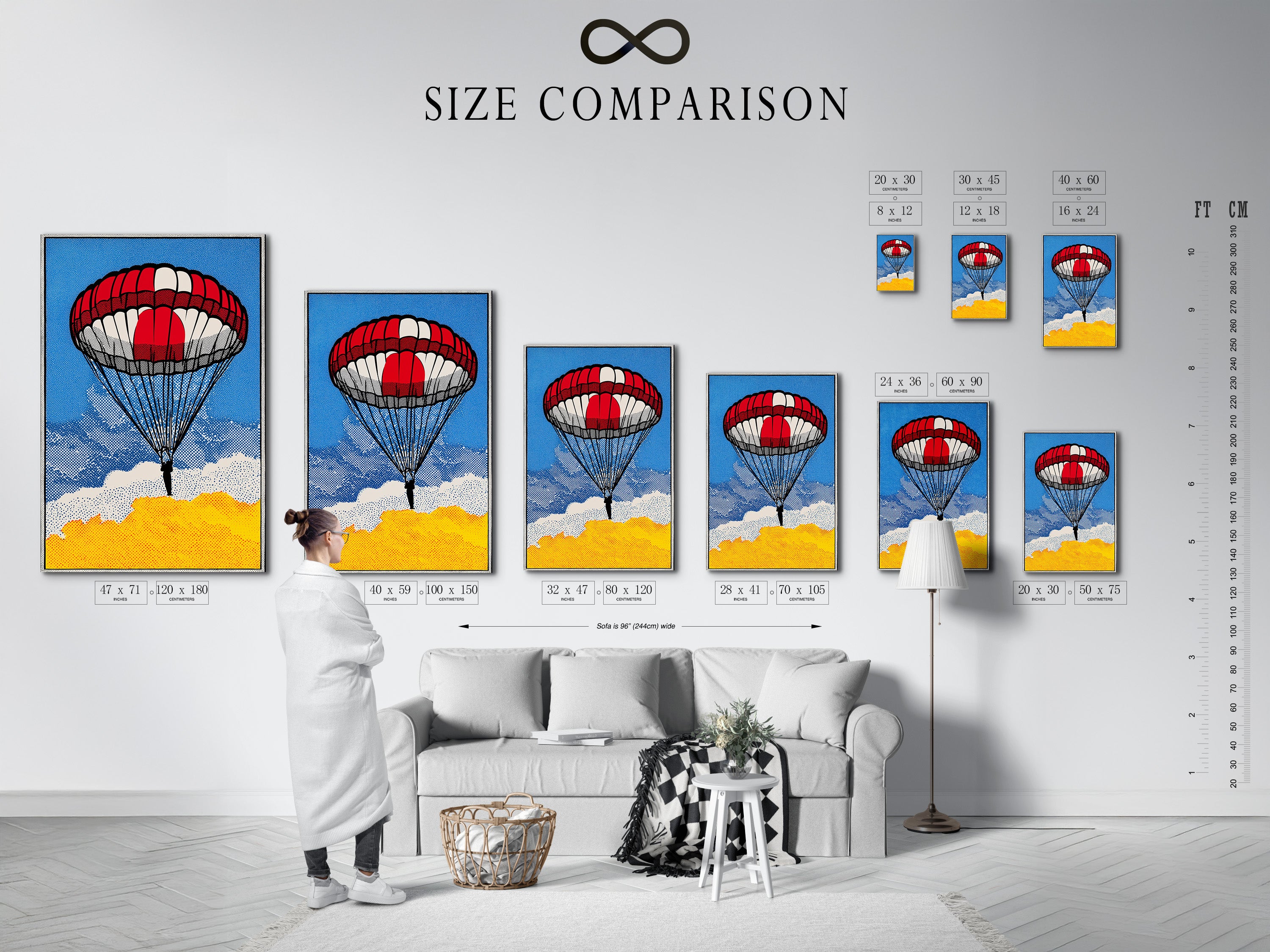 This image is a size comparison chart in an interior setting. The chart helps visualize different print sizes. It allows you to choose the perfect artwork. Compare sizes for canvas prints and fine art posters. Find the ideal fit for your space. Use our size comparison chart.
