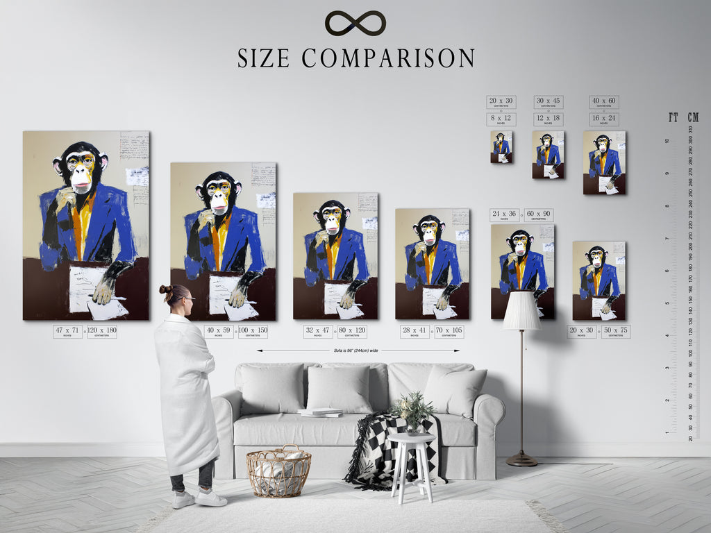 A size comparison chart is displayed in an interior setting. This helps visualize the perfect dimensions of the business monkey artwork. Plan your office wall decor effectively. Choose the ideal size for your contemporary animal art or pop art print.