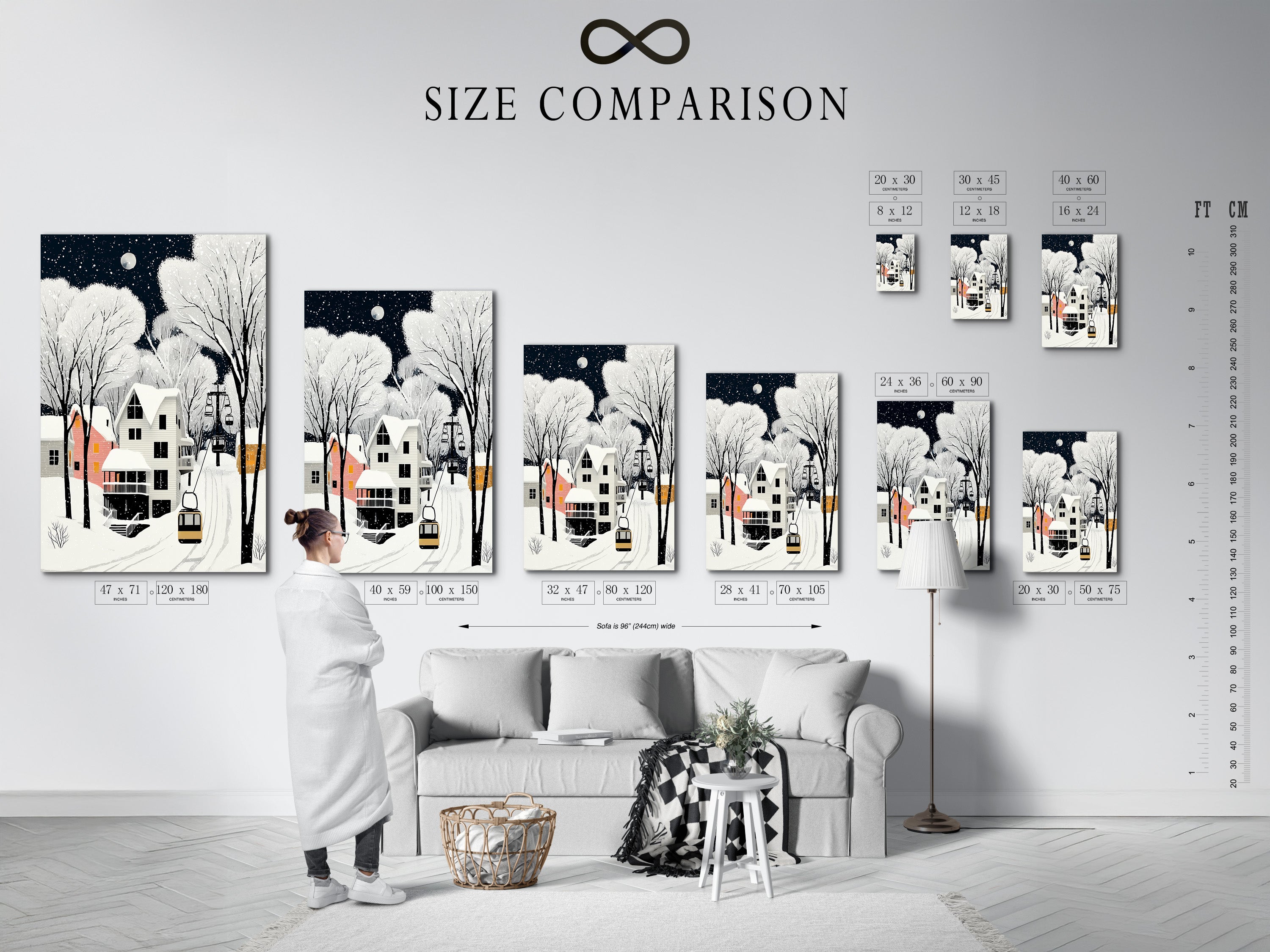 A size comparison chart is shown next to Winter Village art displayed in an interior. See how this cozy wall art fits perfectly in your home. Choose the ideal size for your snow scene print today.