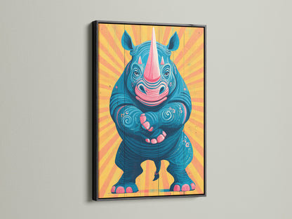 A bold rhino artwork is presented in a sleek black frame. The frame adds a touch of sophistication to this animal canvas. This modern artwork is perfect for a kids room or nursery. Add a cool animal art piece to your safari decor.