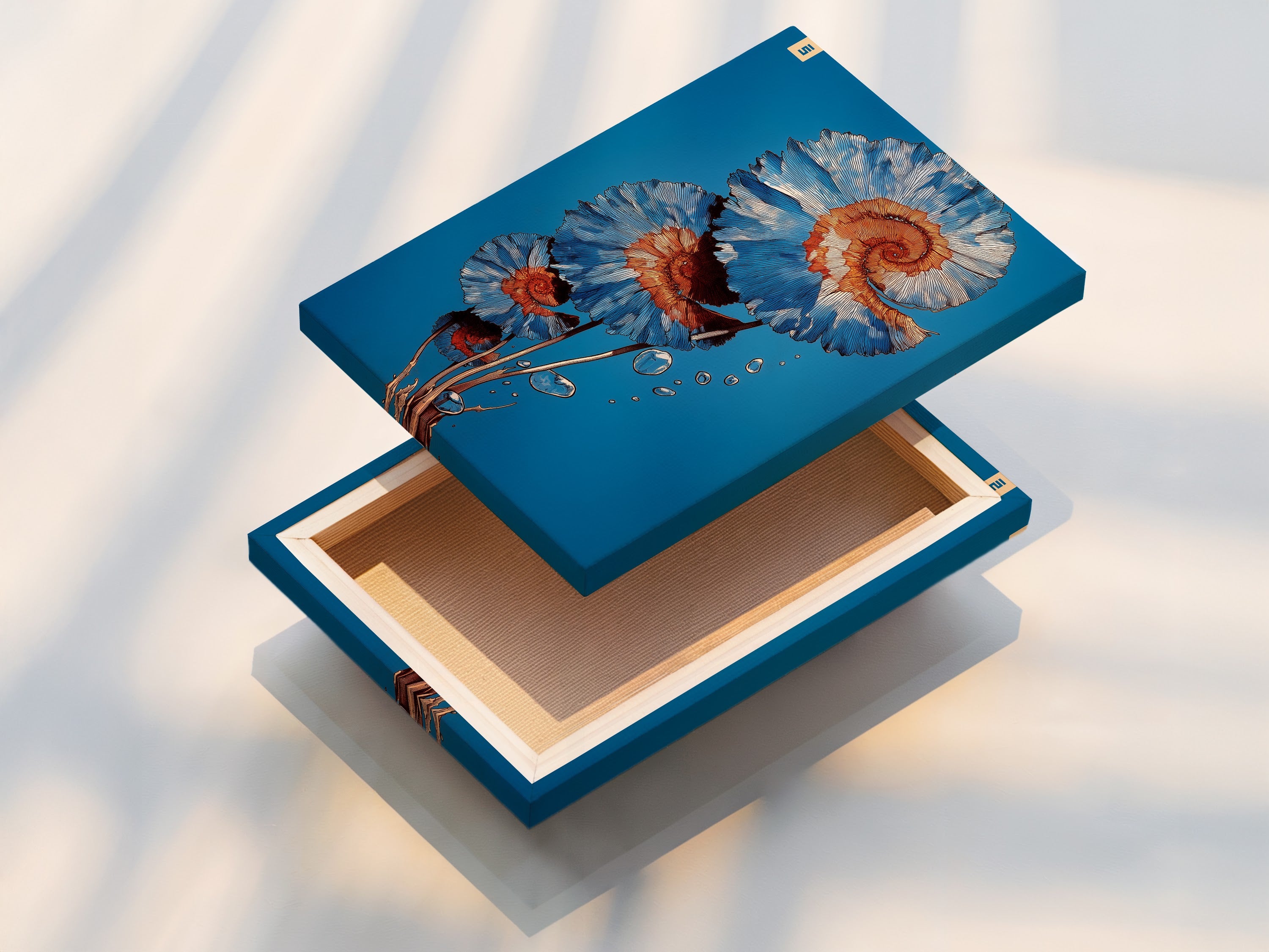 This is a stretched canvas print of the spiral flower artwork. It features teal and coral botanical wall art. This modern floral artwork is great for office decor. It's a beautiful flower canvas with a contemporary touch. The spiral artwork is eye-catching.