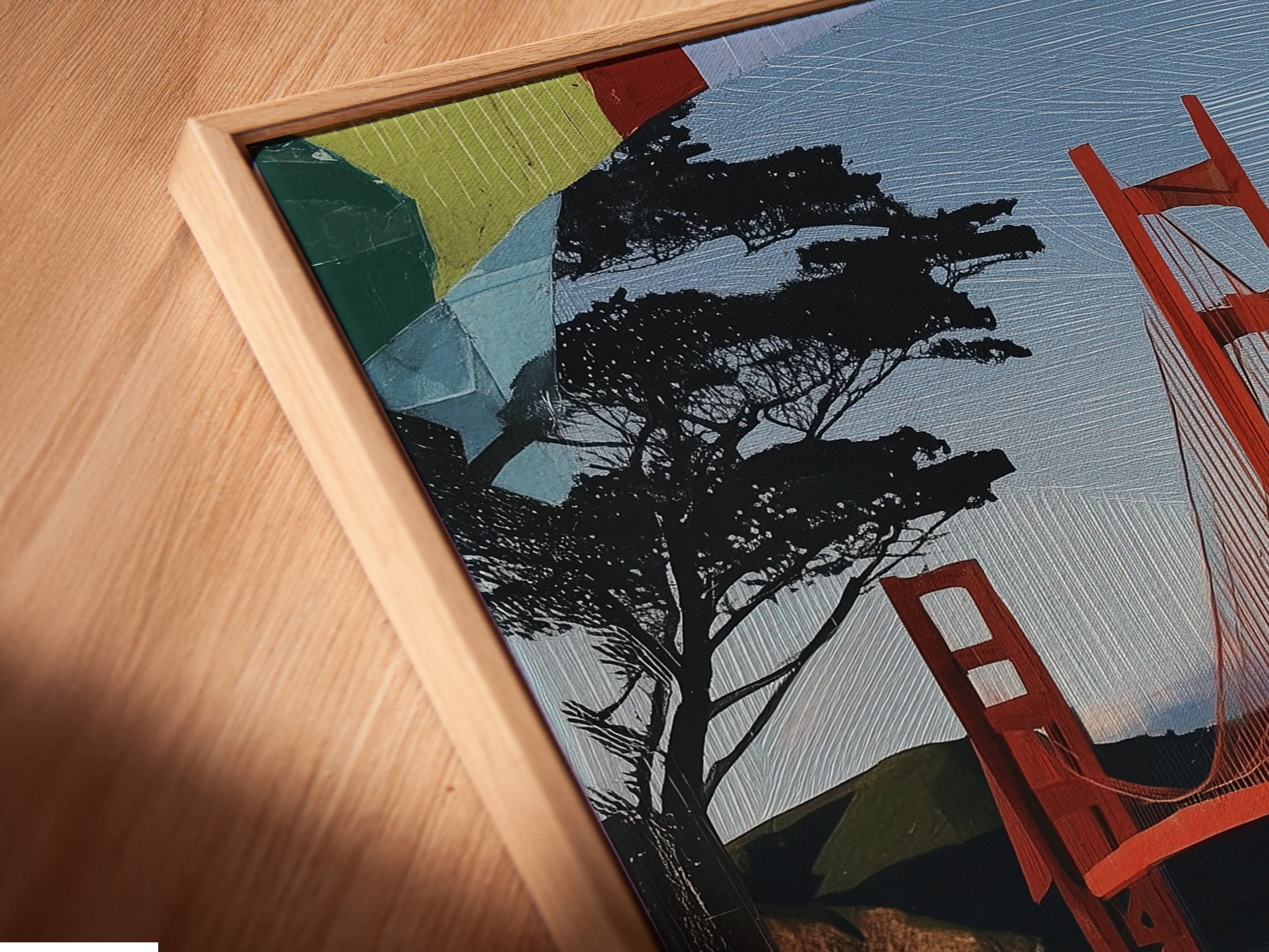 A close-up angled view shows a canvas print in a floating frame. This Golden Gate Bridge artwork elevates any space. Perfect San Francisco wall art for modern homes and offices. This piece captures the spirit of California.