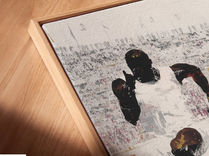 Close-up of a Marathon Runners canvas print. The print is displayed in a floating frame. Notice the details and texture of the artwork. The floating frame enhances the modern look of this sports wall artwork.