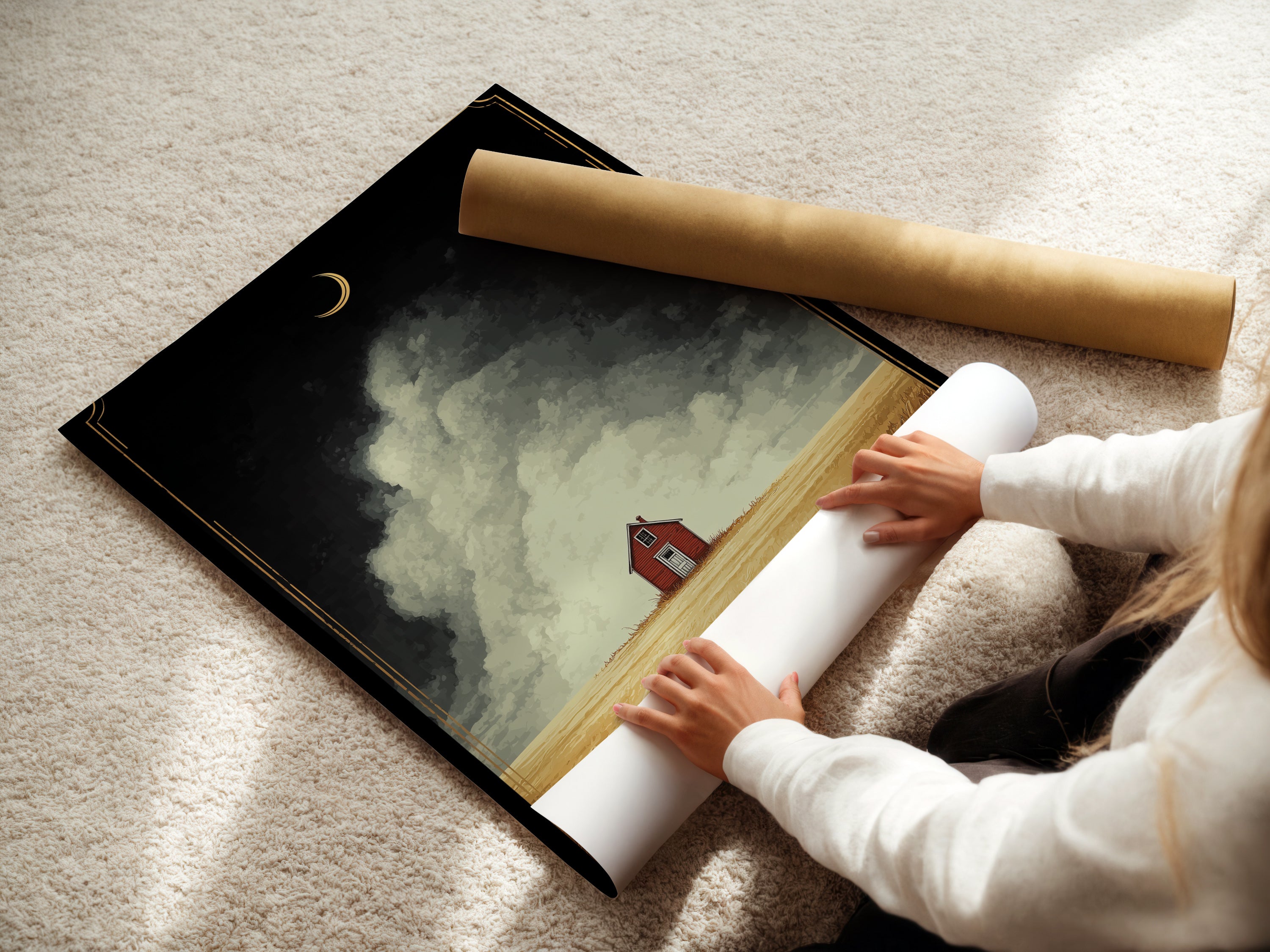A woman is carefully rolling a fine art poster paper. The paper features a beautiful farmhouse art. It showcases a red barn in a golden field landscape. Fine art poster paper ensures high-quality prints with vibrant colors. Perfect for creating custom wall decor for your home or office.