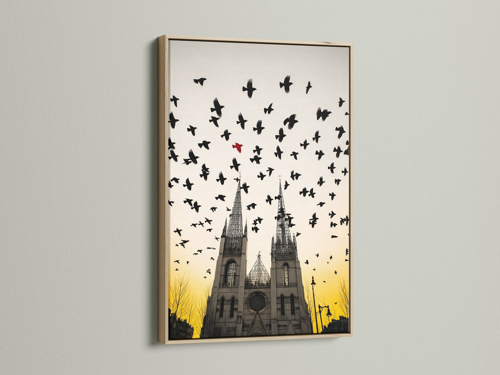 Gothic Cathedral artwork with birds in flight. This artwork features an oak frame. The oak frame enhances the vintage cathedral artwork. The artwork is ideal for a study room or library. Perfect for adding a gothic touch.