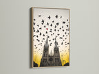 Gothic Cathedral artwork with birds in flight. This artwork features an oak frame. The oak frame enhances the vintage cathedral artwork. The artwork is ideal for a study room or library. Perfect for adding a gothic touch.
