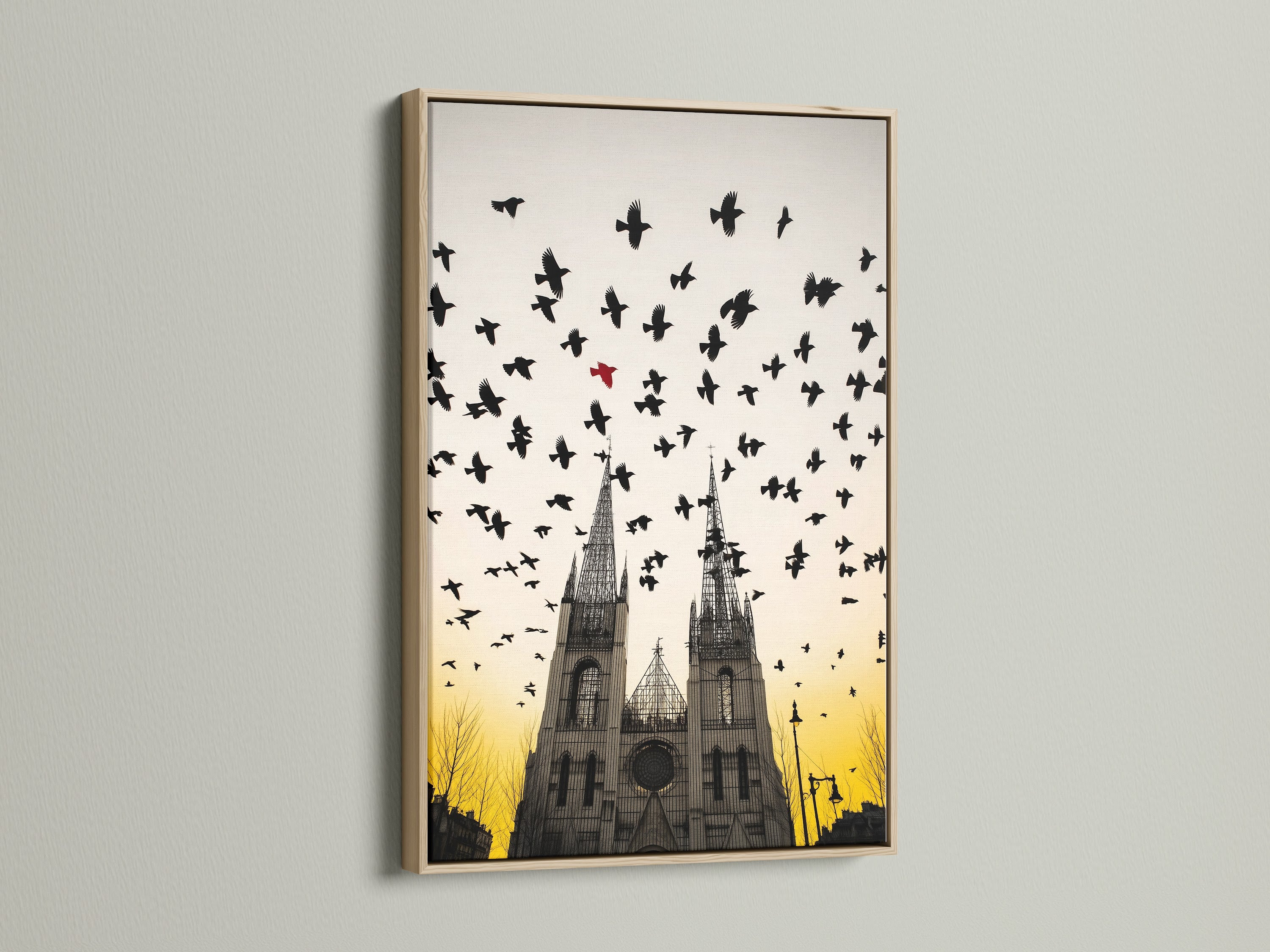Gothic Cathedral artwork with birds in flight. This artwork features an oak frame. The oak frame enhances the vintage cathedral artwork. The artwork is ideal for a study room or library. Perfect for adding a gothic touch.