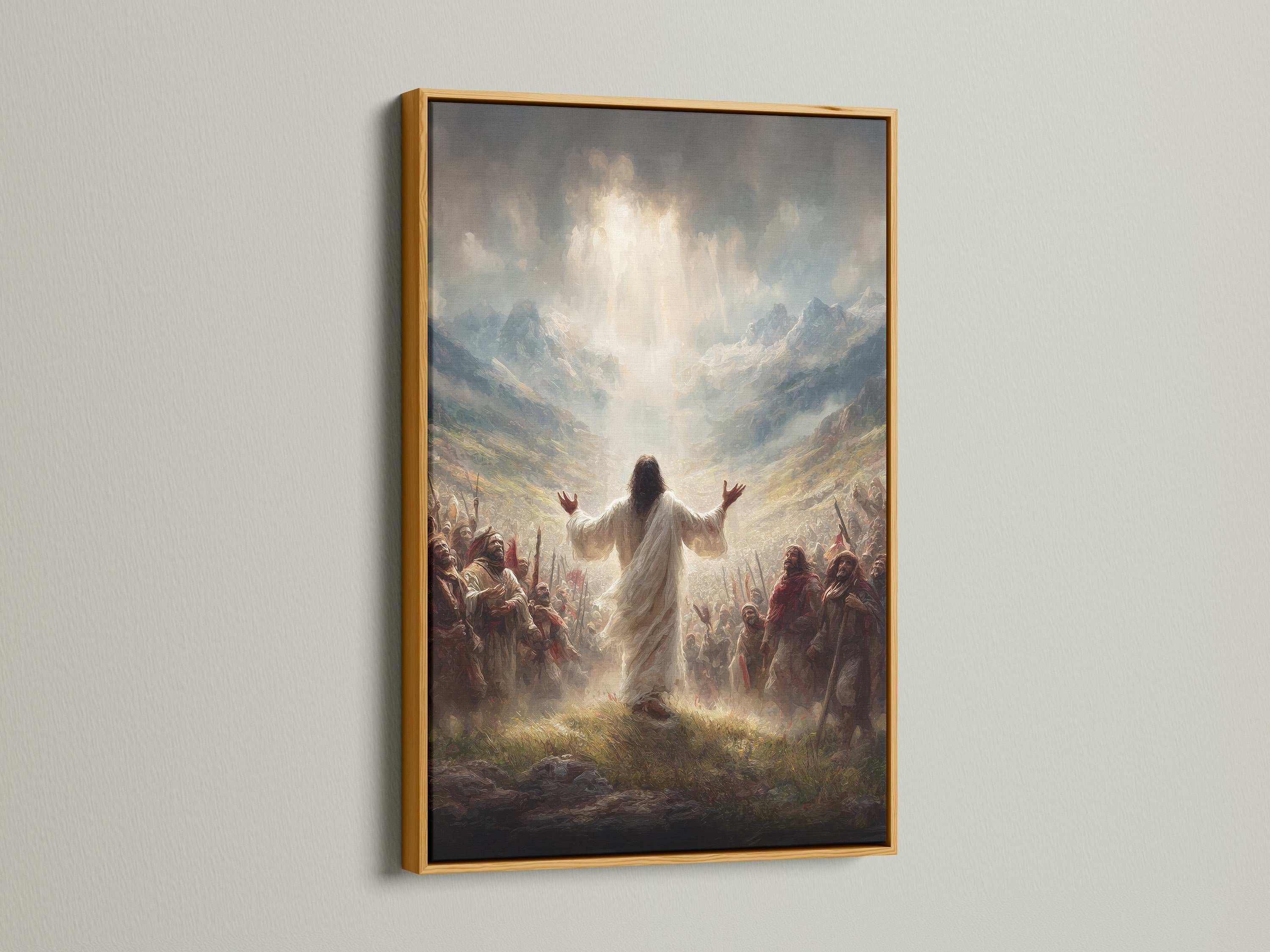 See the Jesus Christ artwork in a gold frame. This christian canvas adds elegance to your home. Ideal for prayer rooms or sanctuaries. Browse our faith artwork for a touch of spiritual beauty.