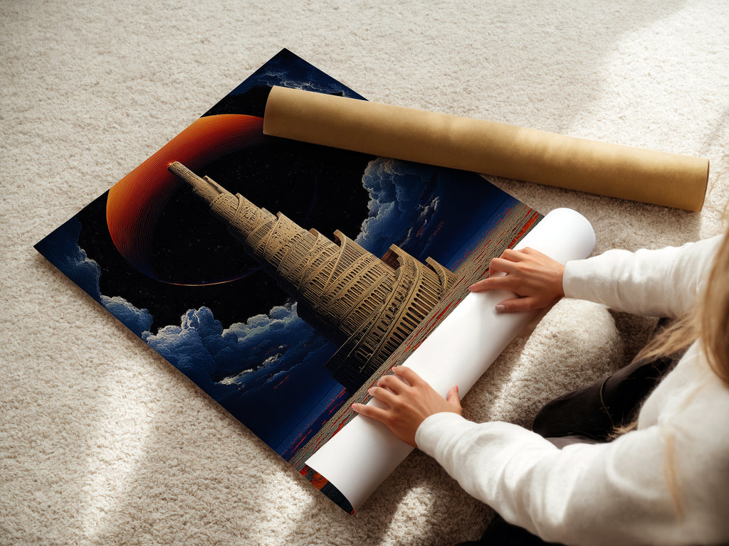 A woman is carefully rolling a fine art poster paper featuring the Tower of Babel. This high-quality print is ready to frame and display. Bring this surreal fantasy to your office or living space. Perfect for lovers of mythical art.