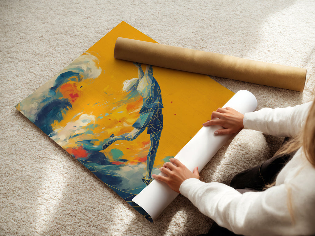 A woman is carefully rolling a fine art poster paper print of soccer art. This modern sports wall art is perfect for any space. The abstract football player canvas art is ideal for teen bedroom decor. This high-quality print ensures vibrant colors and sharp details.