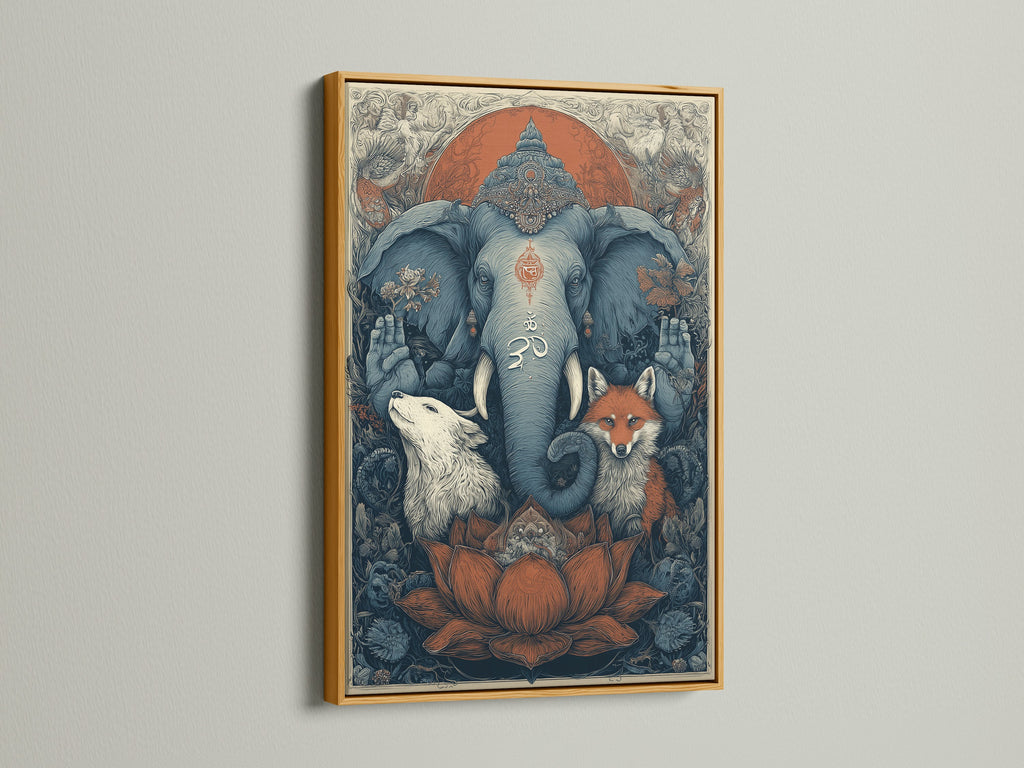 Spiritual Elephant Wolf Fox Canvas Wall Art with a gold frame. This bohemian meditation room decor includes an Om symbol print. This sacred animals art print enhances any space. Find spiritual home decor and zen wall art that fits minimalist Scandinavian or eclectic styles. Animal spirit art is here