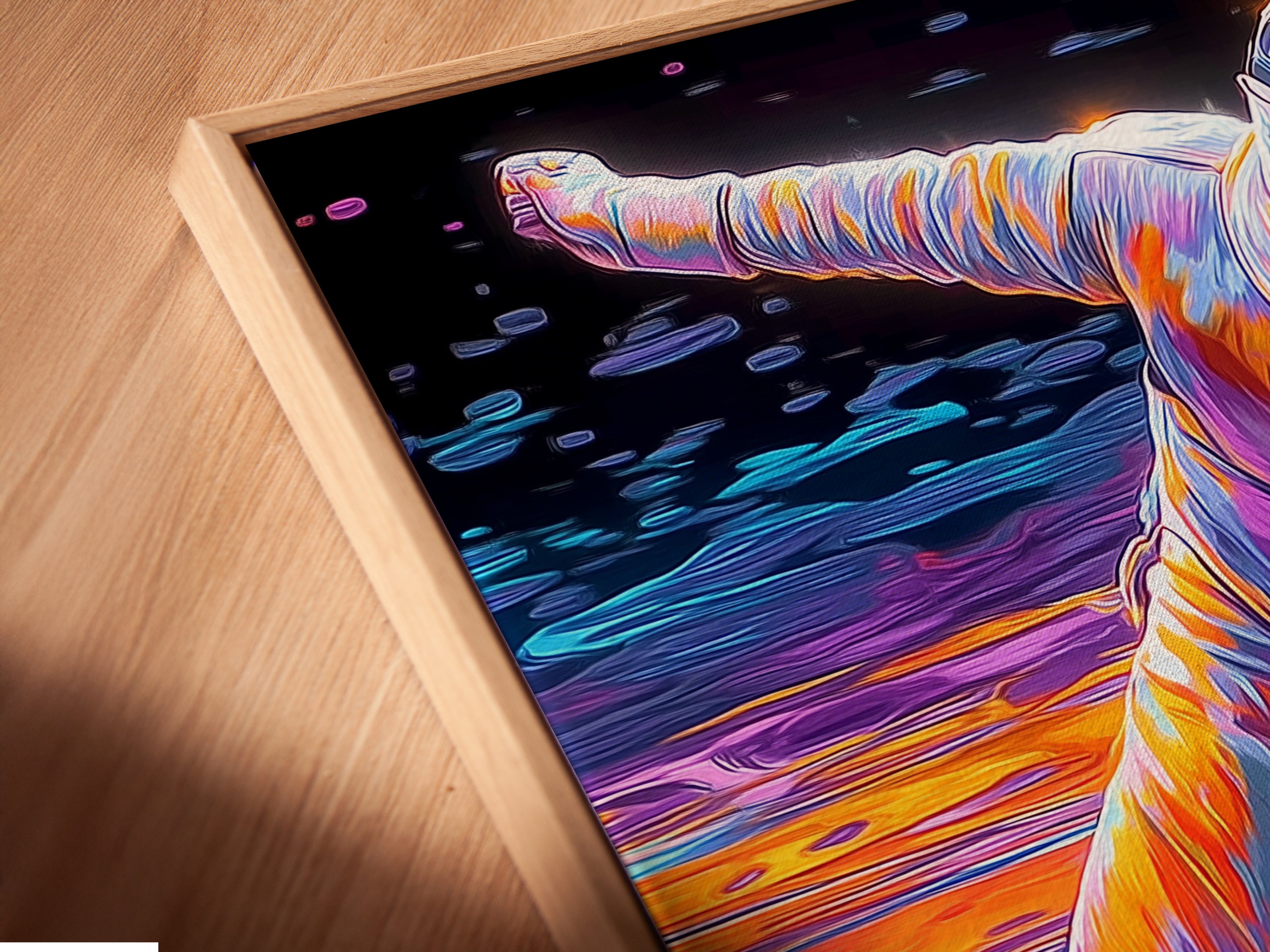 Angled close up of a fencing sport canvas print in a floating frame. The abstract duelist wall art is a modern addition. The vibrant colors and action art enhance any room. Get a closer look at this artwork.