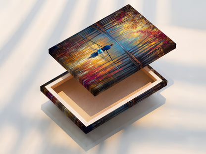 Discover the beauty of this stretched canvas print. The canvas texture adds depth to the rowing artwork. The stretched canvas is ready to hang and enjoy. Perfect for adding a touch of nature to your home decor. This canvas print captures the essence of the tranquil scene.