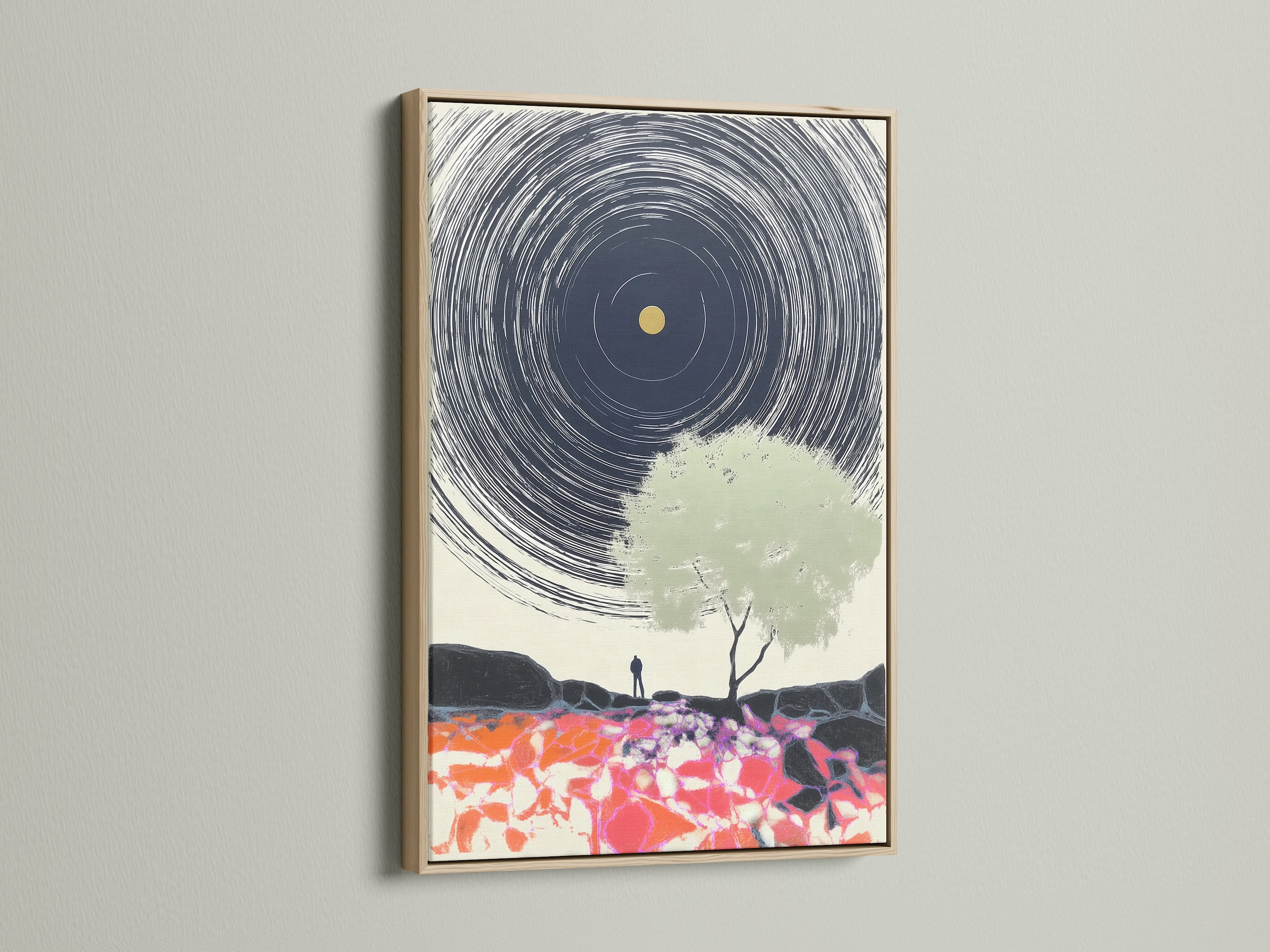 Elevate your artwork with a natural oak frame. This frame beautifully complements abstract landscapes surreal wall art and modern canvas art. Perfect for homeowners and interior stylists seeking a touch of nature.