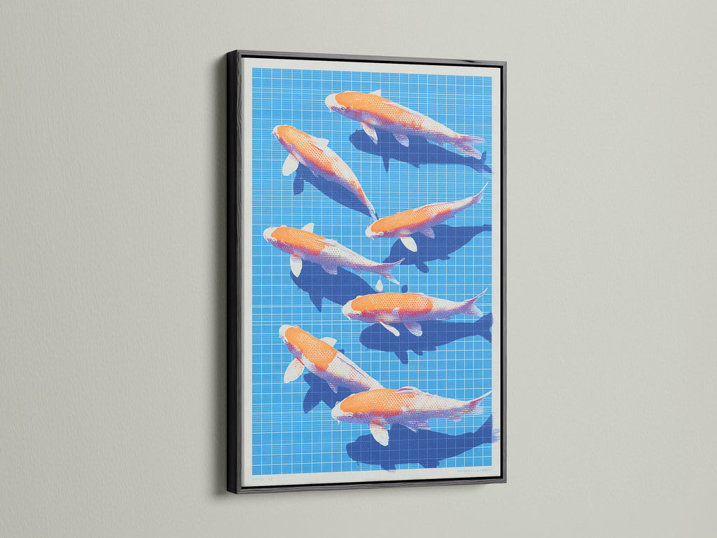 Koi Fish artwork showcased in a sleek black frame. This piece features a geometric pattern. The blue and orange colors create a visually stunning effect. Ideal for contemporary minimalist or eclectic spaces. Add a touch of sophistication to your decor.