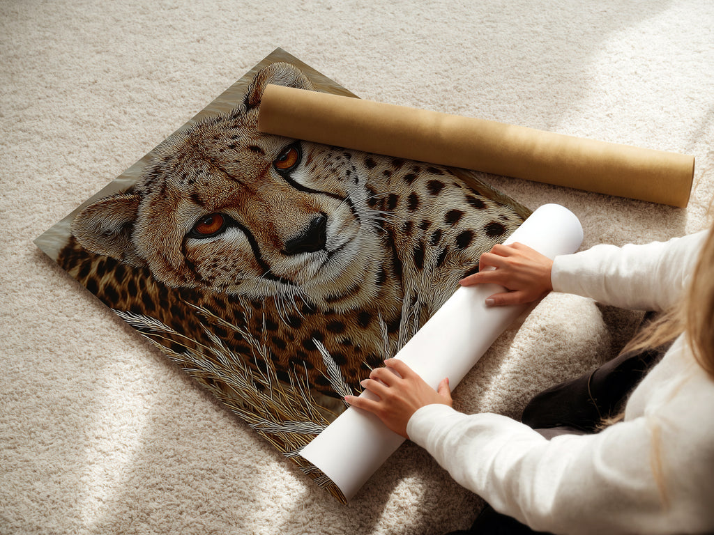 A woman is carefully rolling a fine art poster paper. The paper is a high-quality print of the cheetah portrait. This ensures safe handling and preservation of the artwork. Perfect for those who appreciate fine art and detail.