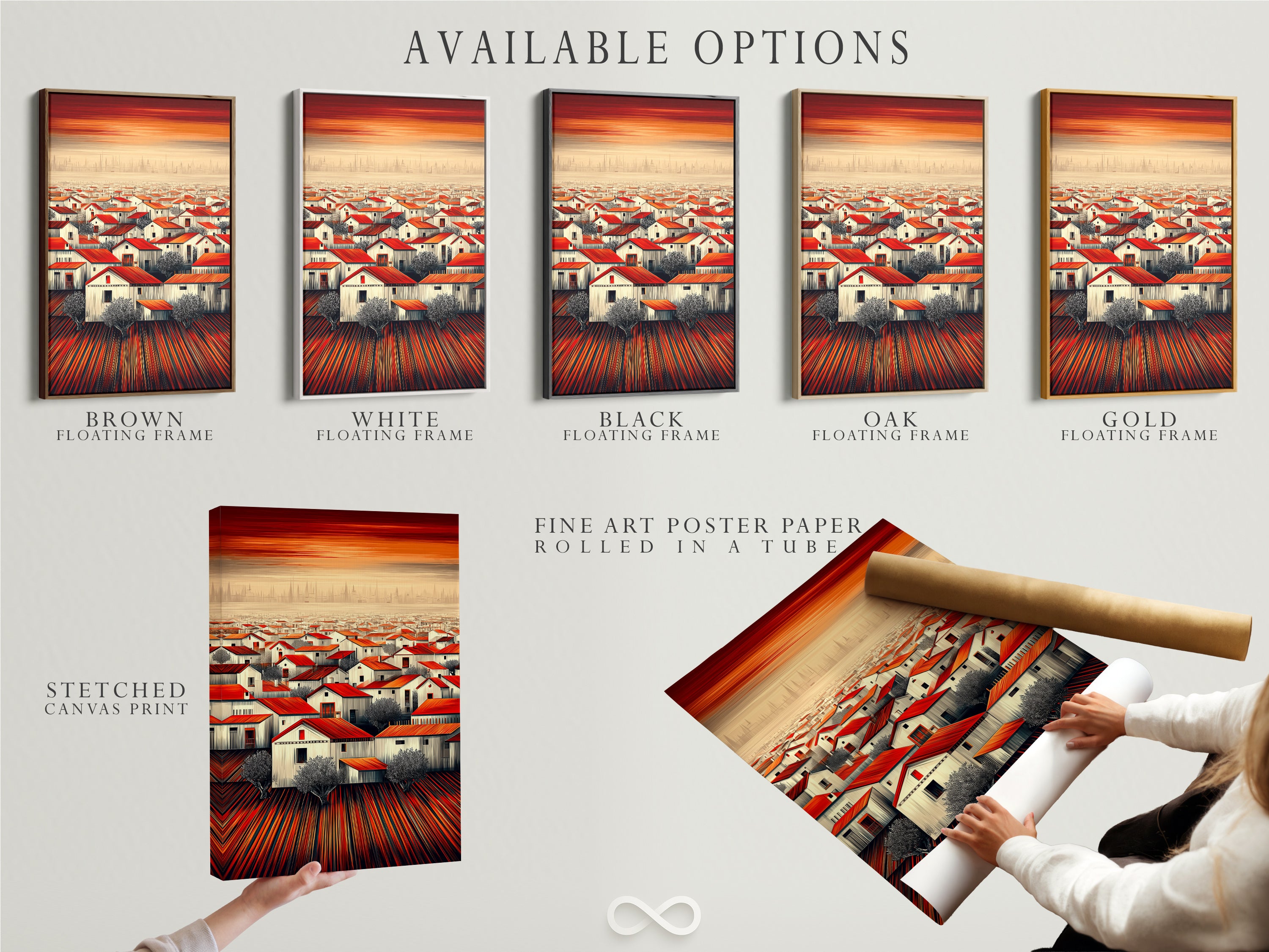 Available options for the 'Red Roof Village' artwork include stretched canvas print fine art poster paper and floating frame. Choose the perfect style for your home decor. Enjoy this rustic Mediterranean town landscape in various formats.