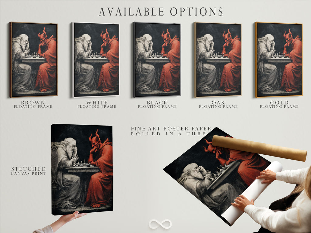 Available options for the Chess Master artwork. Choose from a stretched canvas print fine art poster paper or floating frame. This devil vs angel art is perfect for study rooms. Gothic style and chess game art.