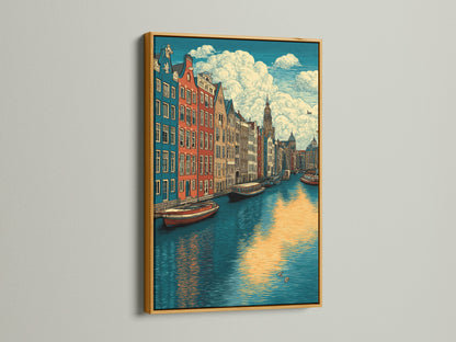 Impression d’art Amsterdam Canal - Art mural urbain européen, Affiche voyage vintage pour décor du salon, Toile d’architecture néerlandaise