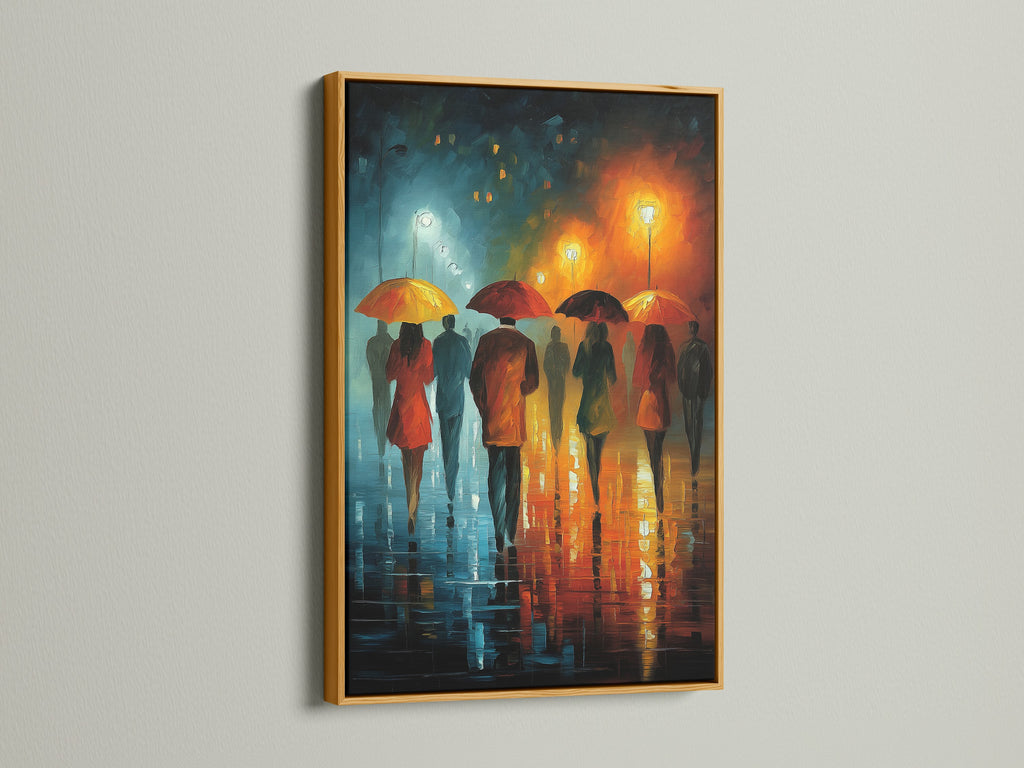 A gold frame enhances this figurative wall art. The canvas print shows a rainy city walk with figures and umbrellas. The artwork's impressionist style is perfect for a bedroom or cafe. A great gift for women.