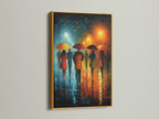 A gold frame enhances this figurative wall art. The canvas print shows a rainy city walk with figures and umbrellas. The artwork's impressionist style is perfect for a bedroom or cafe. A great gift for women.