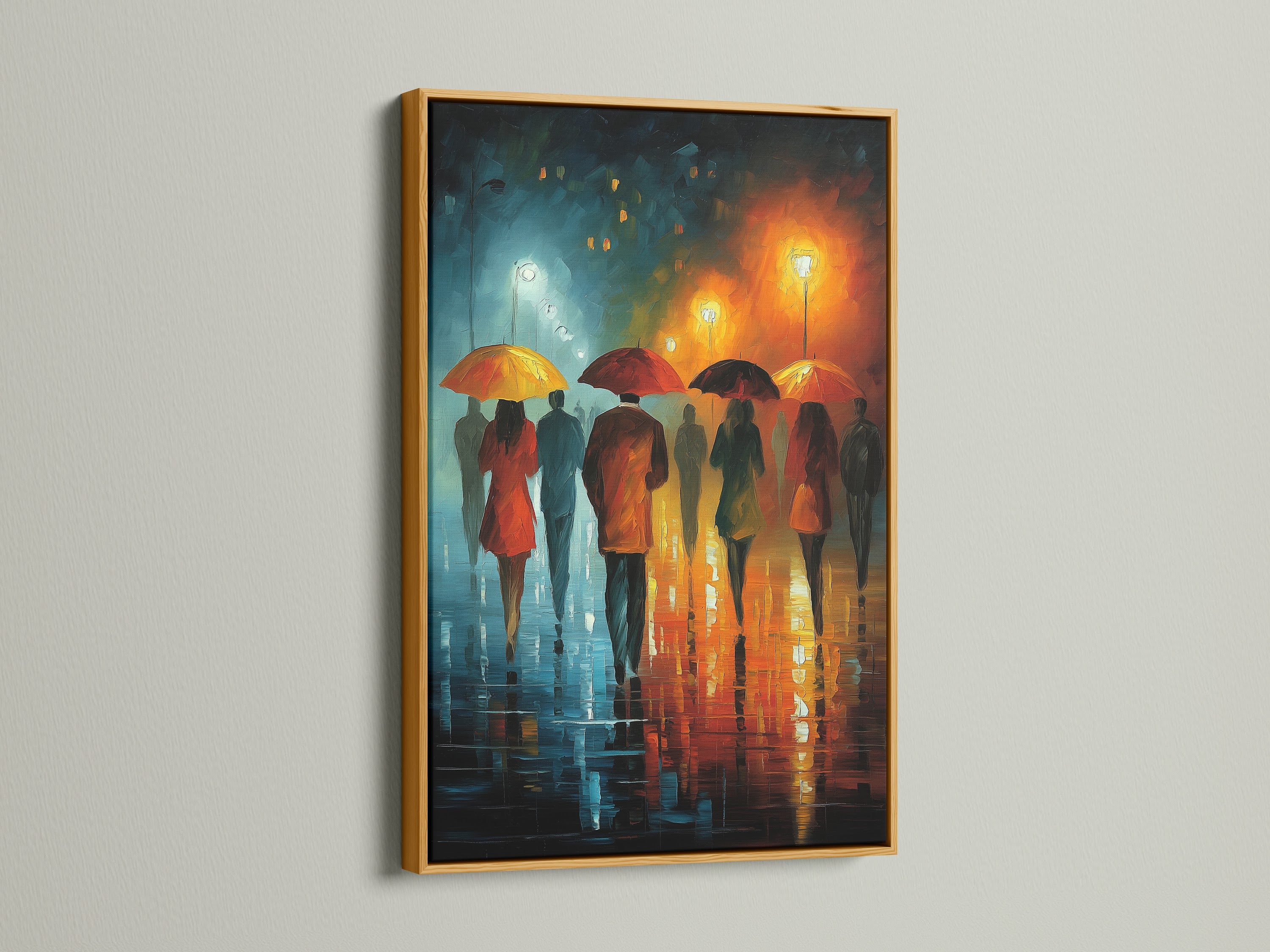 A gold frame enhances this figurative wall art. The canvas print shows a rainy city walk with figures and umbrellas. The artwork's impressionist style is perfect for a bedroom or cafe. A great gift for women.