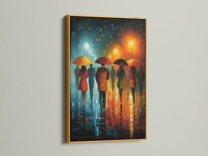 A gold frame enhances this figurative wall art. The canvas print shows a rainy city walk with figures and umbrellas. The artwork's impressionist style is perfect for a bedroom or cafe. A great gift for women.