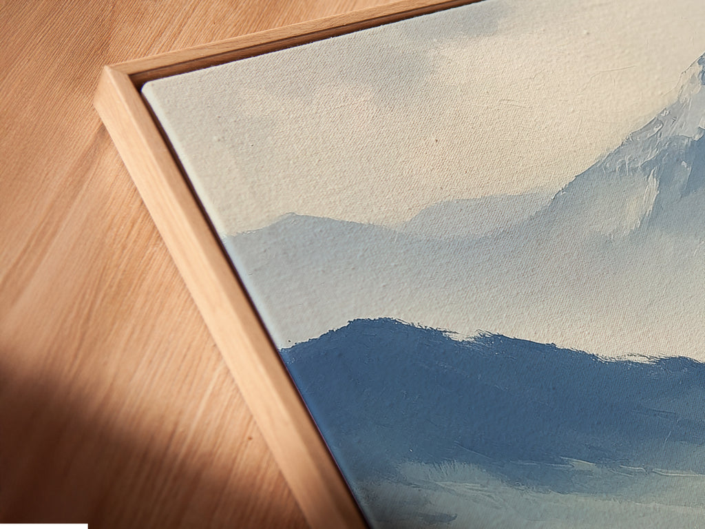 Close-up of a canvas print in a floating frame showcasing a mountain valley landscape. This butterfly artwork offers a unique farmhouse style. This nature wall decor is perfect for any room. The mountain vista and wildflower art create a serene atmosphere. Ideal rustic wall art for country home decor.