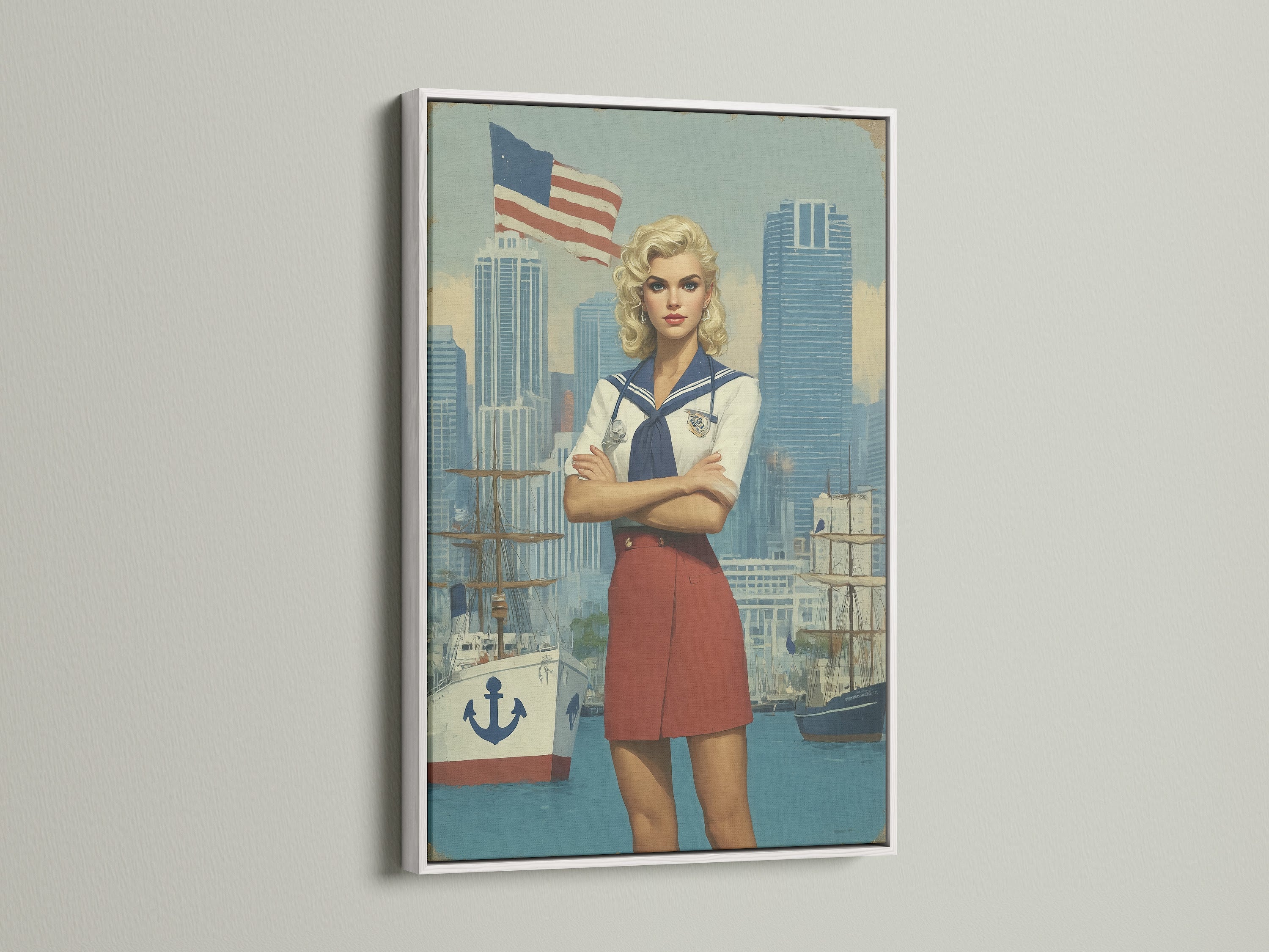 Nautical Americana artwork with a clean white frame. This vintage navy art features a sailor girl. It is perfect for Americana-themed spaces. Add a touch of retro charm to your home decor.
