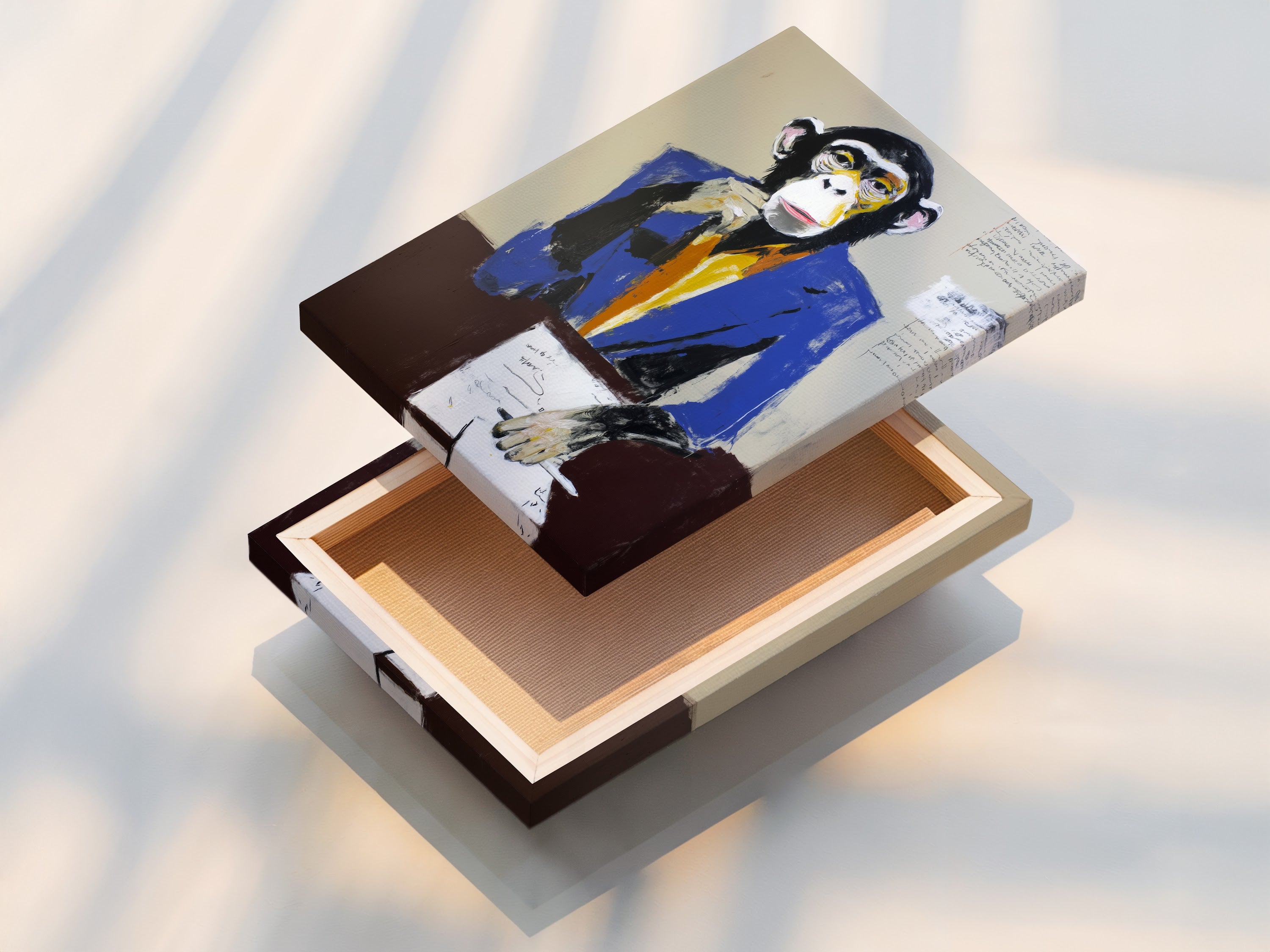 A stretched canvas print of the business monkey artwork. The stretched canvas provides a gallery wrapped look. It is ready to hang as a striking piece of office wall decor. This contemporary animal art adds a touch of sophistication to any workspace.