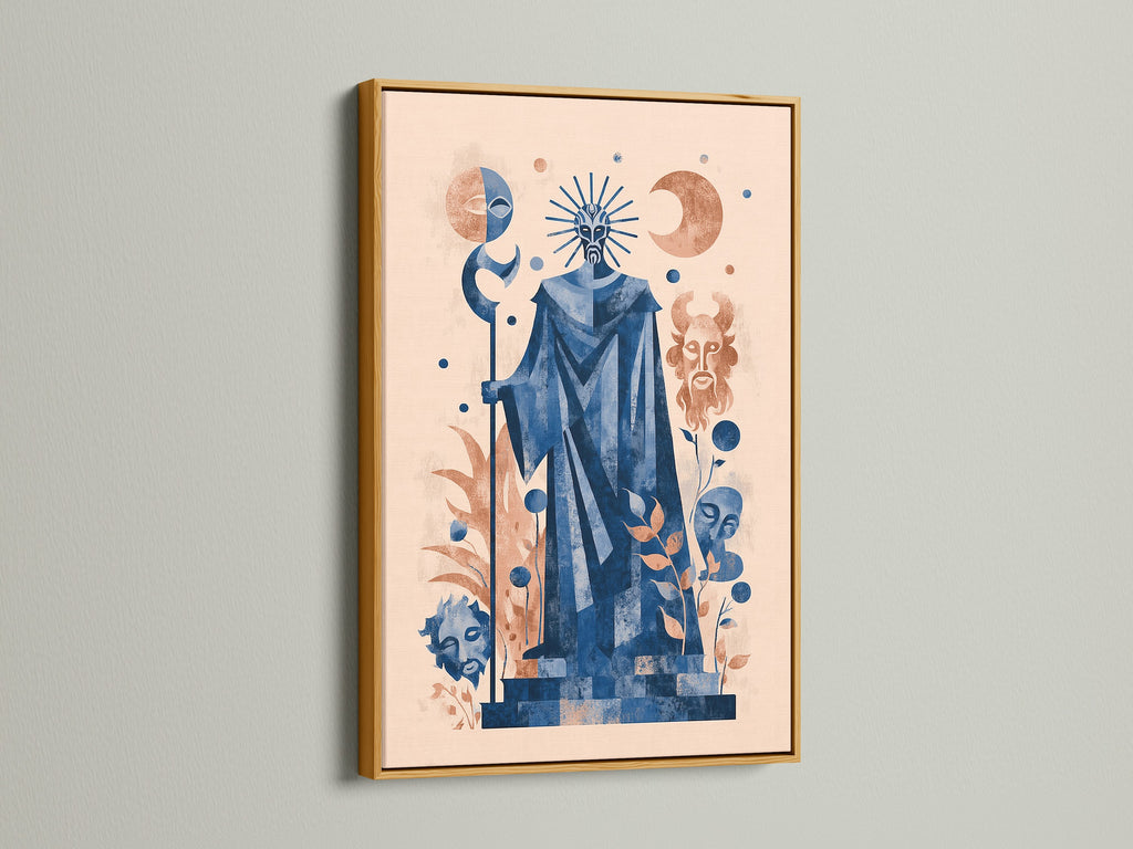 Mystical Tarot Art Print in a gold frame. This blue wall decor brings a celestial touch to any room. The tarot card art adds a spiritual element. It is ideal for living rooms or meditation spaces.